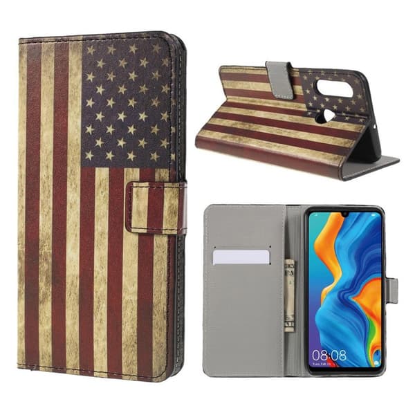 Huawei P30 Lite mønstret læder flip etui - USA Flag Multicolor