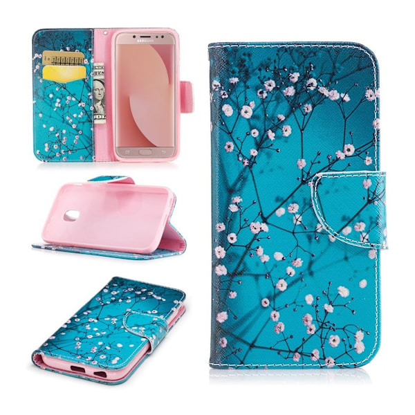 Samsung Galaxy J7 (2017) Silfuldt læder etui - Små blå blomster Multicolor