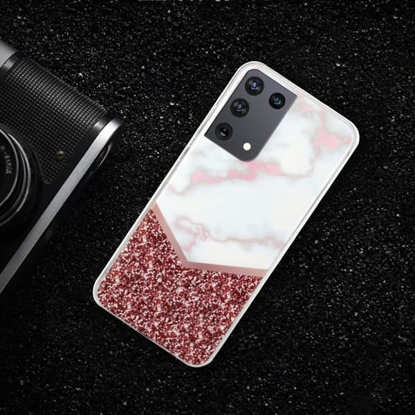 Marble Samsung Galaxy S21 Ultra Etui - Hvit / Shiny Red Multicolor