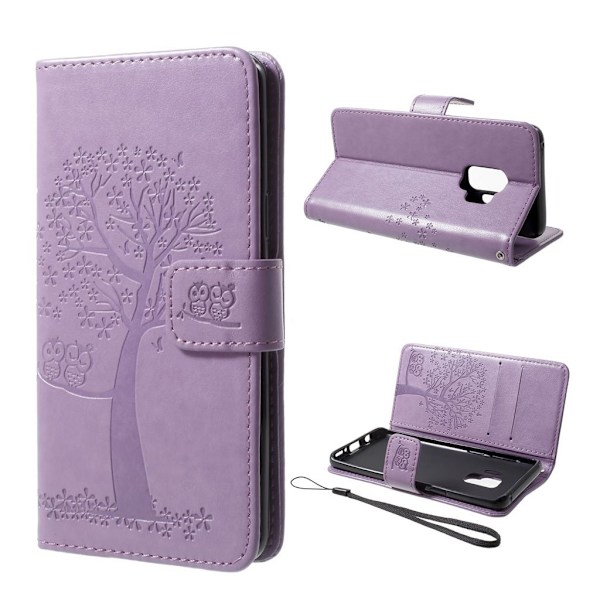 Samsung Galaxy S9 stemplet Træ ugle PU læder flip etui - Lyselilla Purple