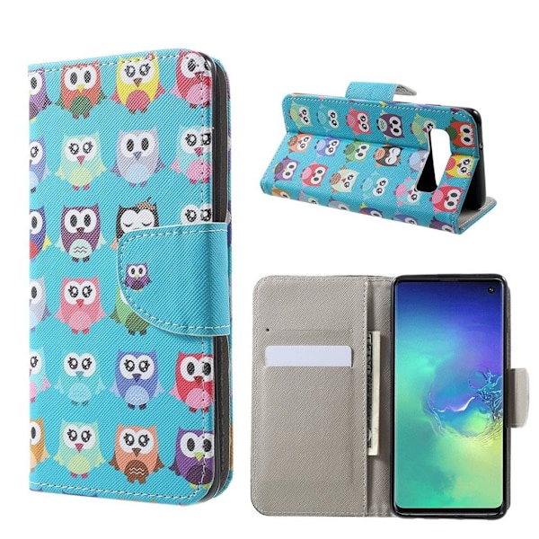 Samsung Galaxy S10 risti pintainen nahkainen flip suojakotelo - Suloiset Pöllöt Multicolor