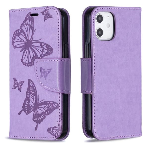 Butterfly iPhone 12 Mini Læderetui - Lilla Purple