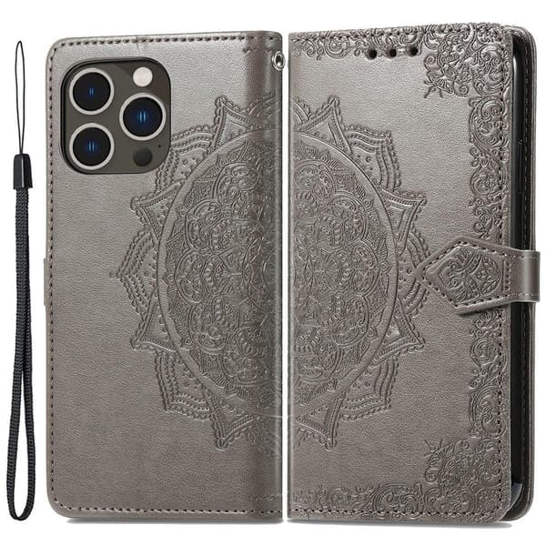 Mandala iPhone 15 Pro Max Flippetui - Grå Silver grey