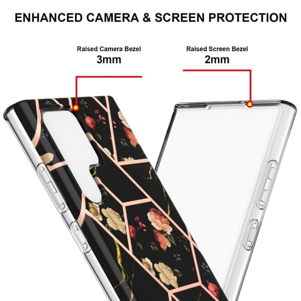 Marble Samsung Galaxy S22 Ultra Etui - Svarte Blomster Multicolor
