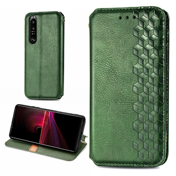 Läder Sony Xperia 1 III fodral med romb-design - Grön Grön