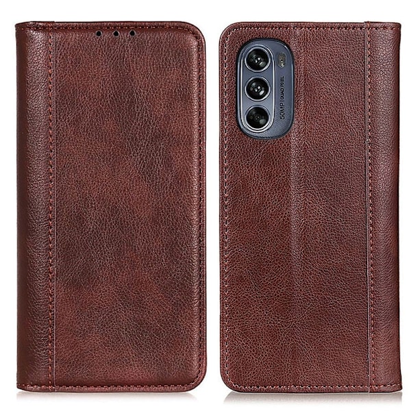 Motorola Moto G62 5G ægte læderetui med magnetisk lukning - Brun Brown