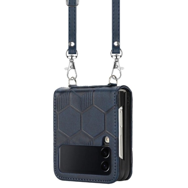 Samsung Galaxy Z Flip3 5G soccer pattern leather case with strap Blå