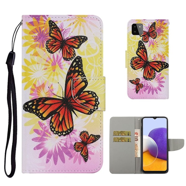 Wonderland Samsung Galaxy A22 5G Läppäkotelo - Oranssi Perhonen Multicolor