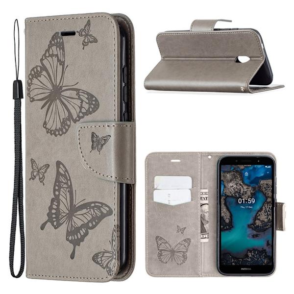 Butterfly Nokia C1 Plus nahkakotelo - Harmaa Silver grey