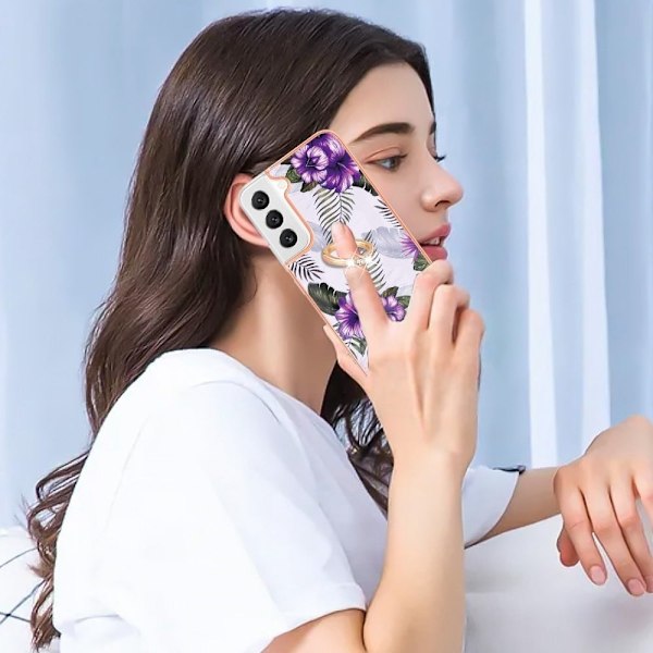 Marble Patterned Suojakuori With Ring Holder For Samsung Galaxy S22 Plus - Purple Flowers Purple