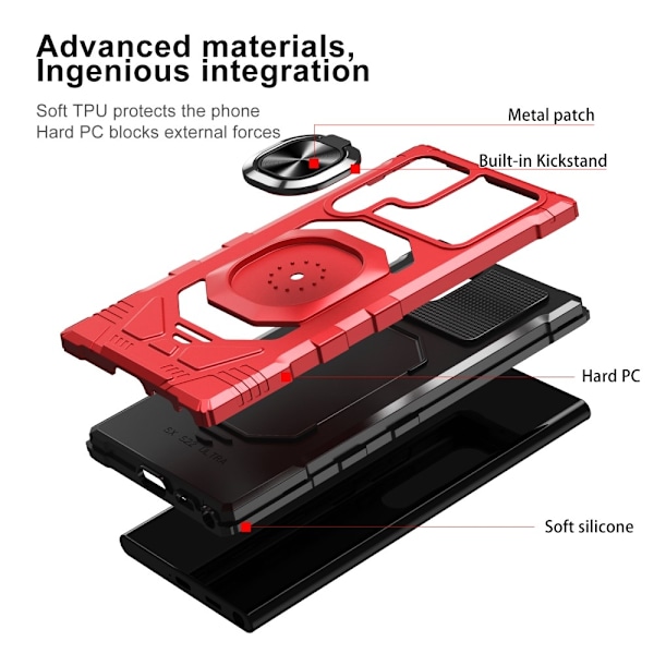 Slitstarkt hårdplastskal med mjuk insida och kickstand för Samsung Galaxy S23 Ultra - Röd Röd