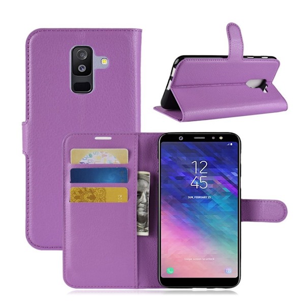 Samsung Galaxy A6 Plus mobiletui i kunstlæder med Litchi overflade. Indbygget pung og stander - Lilla Purple