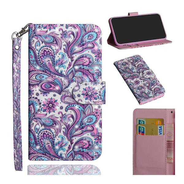 Motorola One Power lys spot dekorations læder flip etui - Paisley Blomst Multicolor
