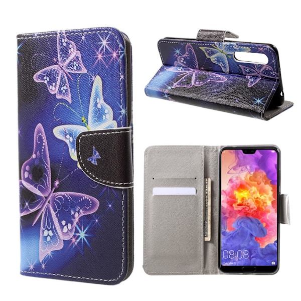 Huawei P20 Pro mønstret PU læder flip etui - Livlige sommerfugle Multicolor