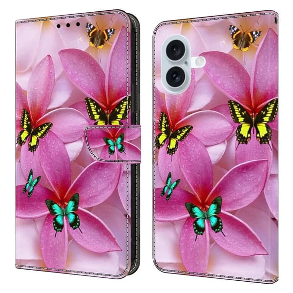 iPhone 16 Plus Plånboksfodral Mönster Tryck Stativ Läder Flip Telefonskal - Rosa Blommig Fjäril Rosa