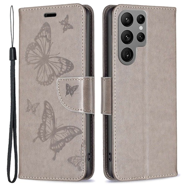 Butterfly läder Samsung Galaxy S23 Ultra fodral - Silver/Grå Silvergrå