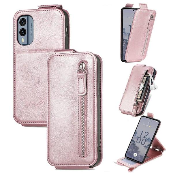 Vertical Flip Phone Suojakotelo With Zipper For Nokia X30 - Ruusukulta Pink