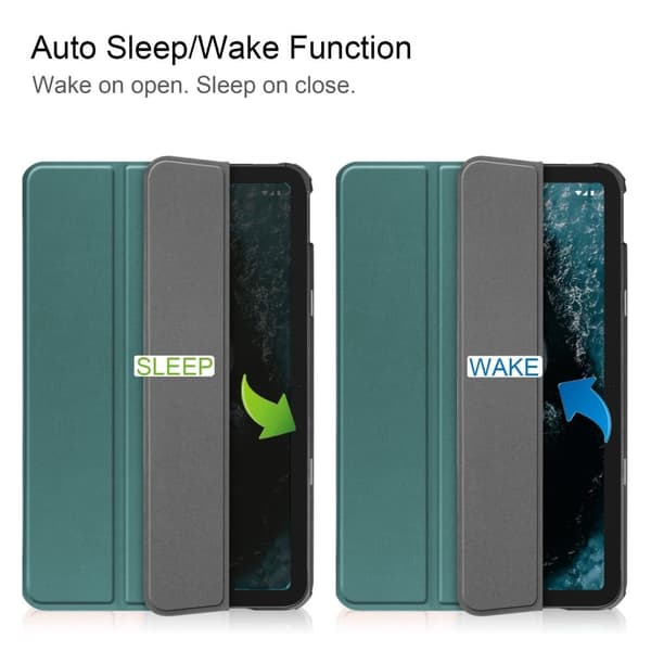 Nokia T20 kolminkertainen PU-nahkainen flip-kotelo - Mustanvihreä Green