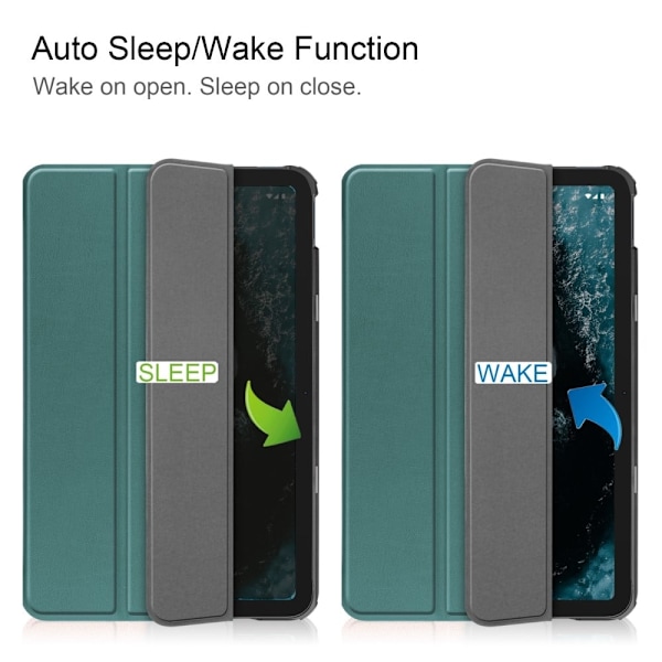 Nokia T20 tri-fold PU læder flip taske - Sortliggrøn Green