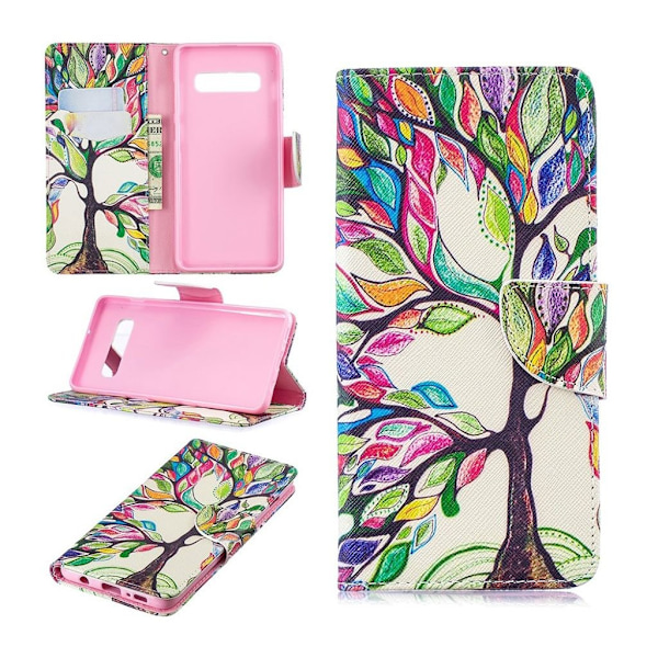 Samsung Galaxy S10 Plus kuosillinen nahkainen flip Suojakotelo - Värjätty Puu Multicolor
