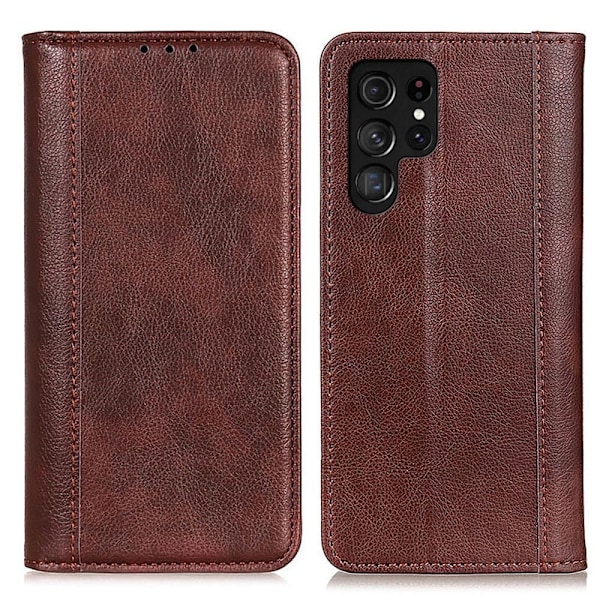 Äkta läder Samsung Galaxy S23 Ultra fodral med magnetisk stängning Brun