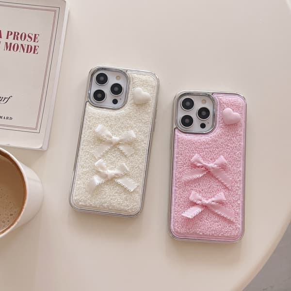 iPhone 15 Pro Max Case Heart Bows Towel Felt Texture Flexible Electroplating Phone Cover - White White