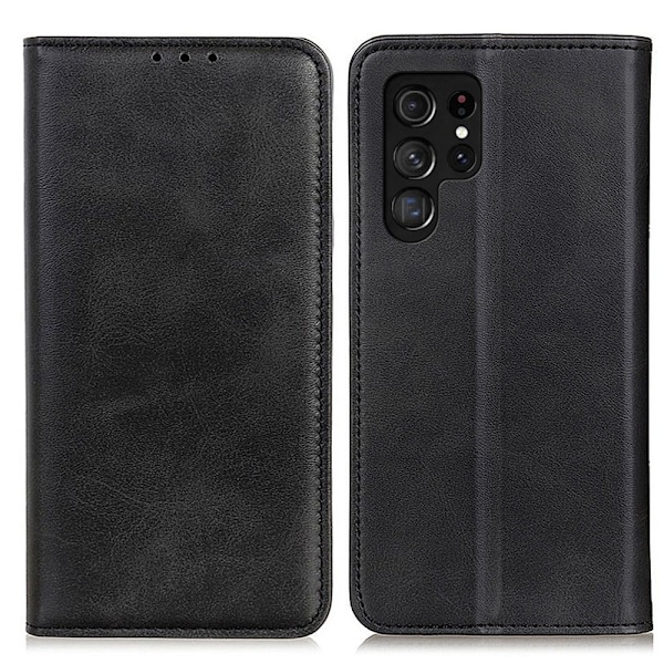 Flip Etui med Pung i ægte Læder til Samsung Galaxy S22 Ultra - Sort Black