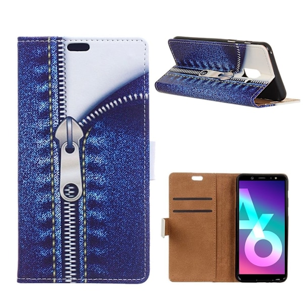 Samsung Galaxy A6 mobiletui i kunstlæder med printet mønster samt pung og stativ - Jeans med metal lynlås Multicolor