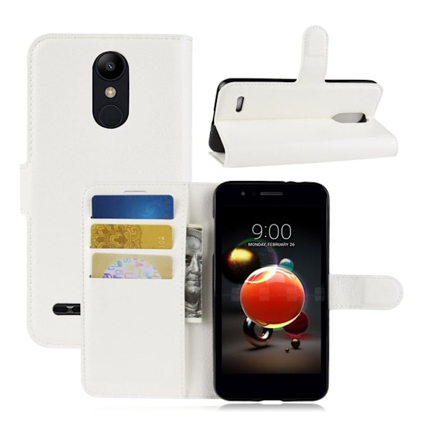 LG K8 (2018) beskyttelsesetui i kunstlæder med litchi overfalde samt stativ - Hvid White
