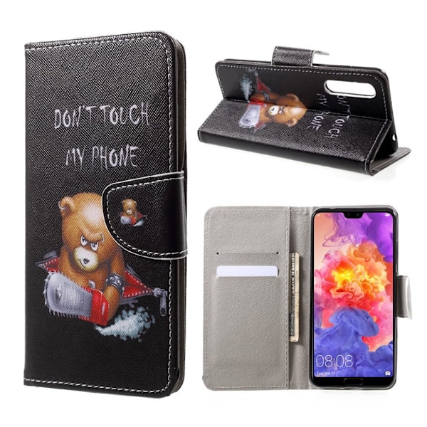 Huawei P20 Pro mønstret PU læder flip etui - Brun bjørn og advarende ord Multicolor