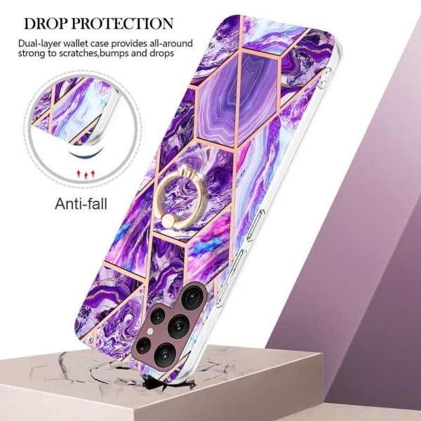 Marble Mønstret Cover med Ring Holder til Samsung Galaxy S22 Ultra - Mørklilla Purple