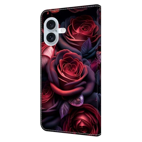 iPhone 16 Plus Plånboksfodral Mönster Tryck Stativ Läder Flip Telefonskal - Svart Ros Röd