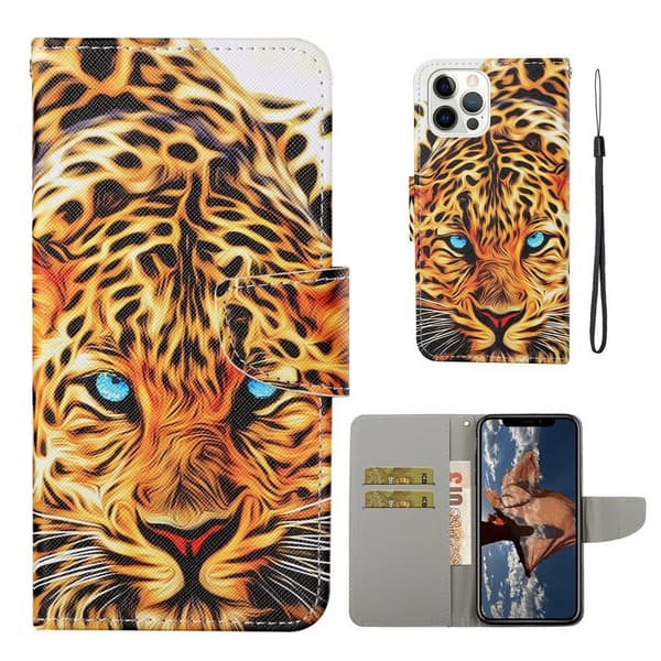 Handy Strap Pattern-Printing Full Protection Leather Cell Case med pung og stativ iPhone 13 Pro Max 6,7 tommer - Tiger Yellow