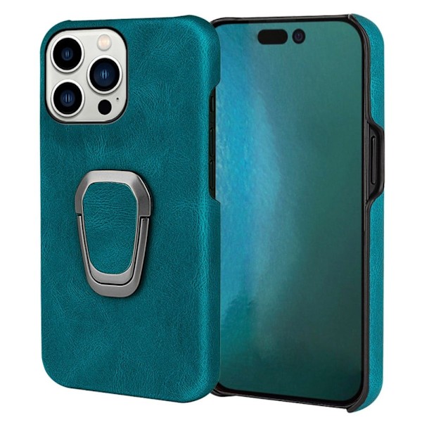 Shockproof Läder Skal med Oval Kickstand till iPhone 14 Pro - Cyan Grön