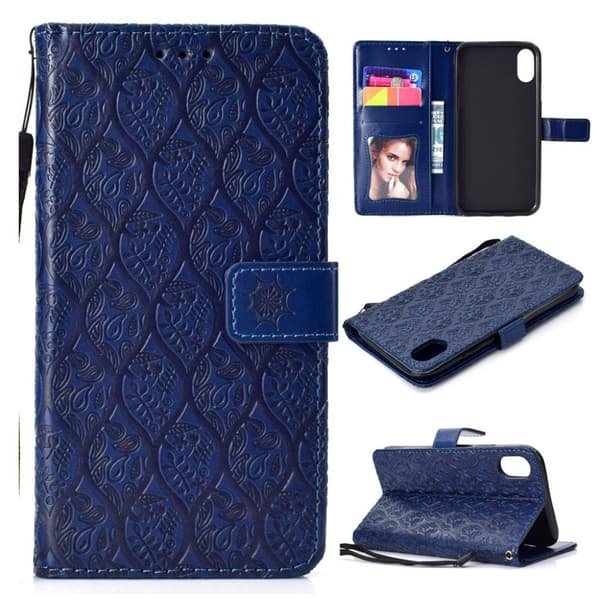 iPhone Xs Max flip cover i læder med bladtryk - Mørkeblå Blue
