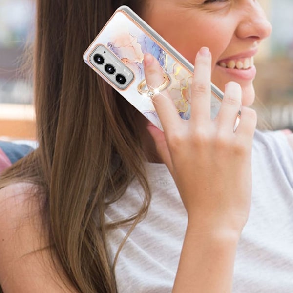 Marble Patterned Suojakuori With Ring Holder For Motorola Edge 20 - Milky Way Marble White Multicolor