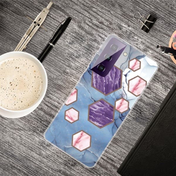 Marble Samsung Galaxy S21 FE Etui - Sekskant Fragmenter i Blå Multicolor