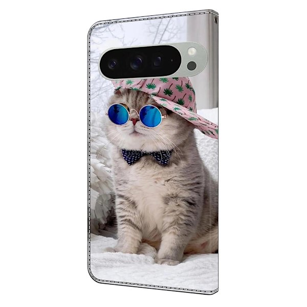 Google Pixel 9 Pro XL plånboksfodral mönstrat tryck stativ läder flip telefonskal - Hattkatt Silvergrå
