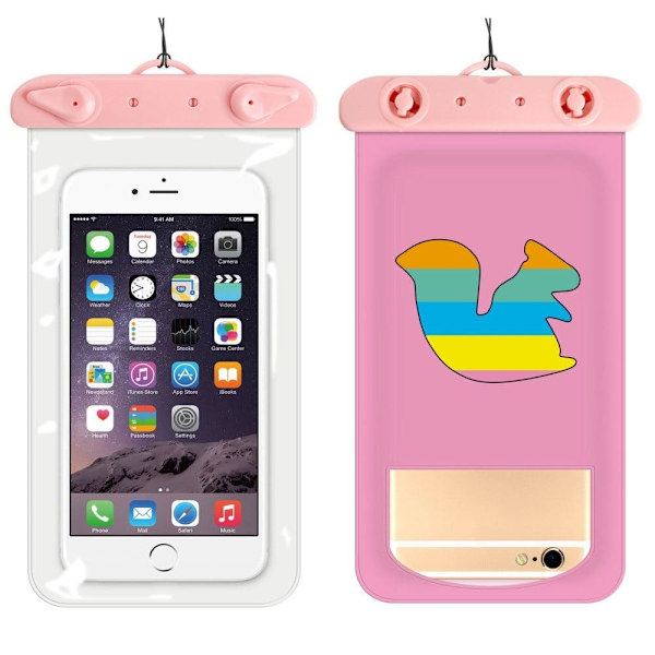 Universal cartoon pattern waterproof pouch for 6-inch smartphone with strap - Rainbow Squirrel Pink
