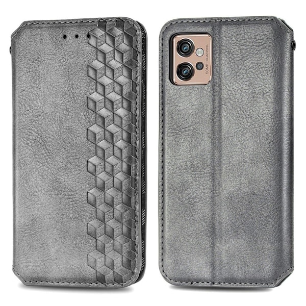 Læder Etui med A Stilfuldt Rhombus Tryk til Motorola Moto G32 - Grå Silver grey