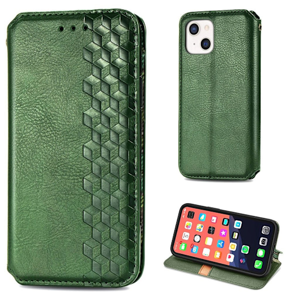 Läder iPhone 13 fodral med romb-design - Grön Grön