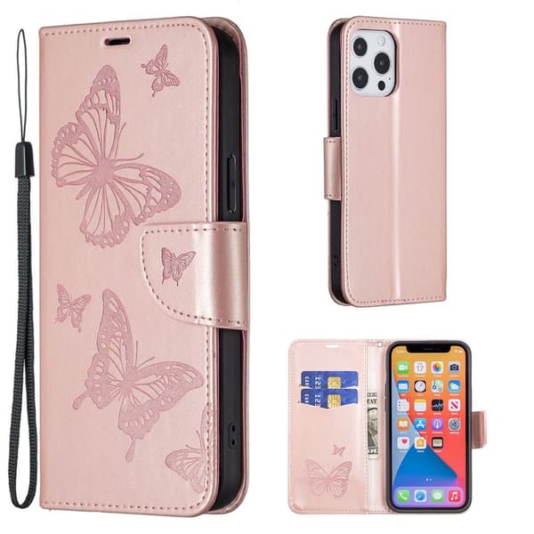 Butterfly iPhone 13 Pro Max skinnveske - Gull Pink