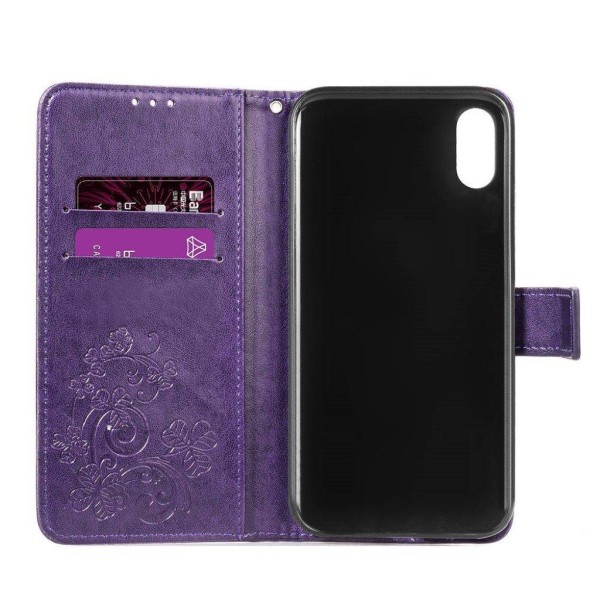 iPhone Xs Max læder flip cover med kløvermønster - Lilla Purple