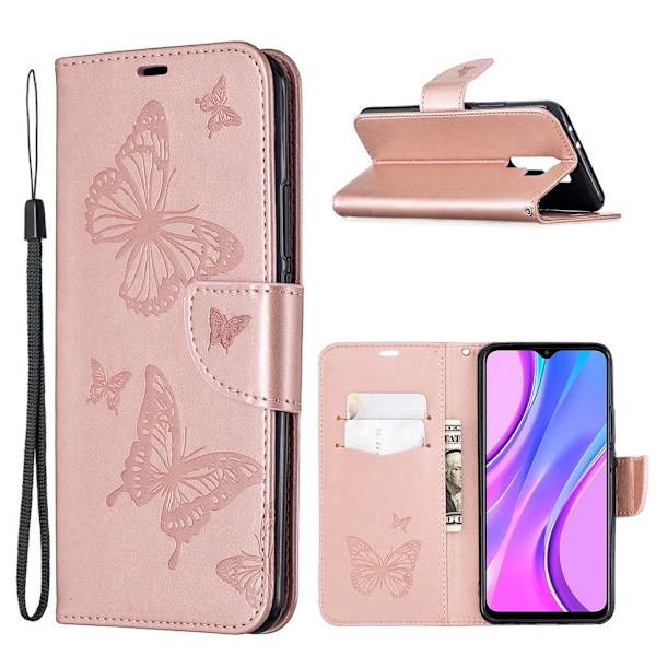 Butterfly läder Xiaomi Redmi 9 fodral - Rosa Rosa