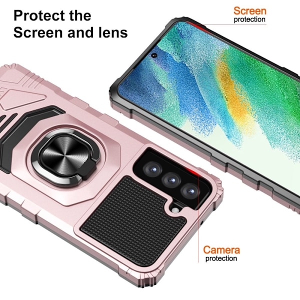 Kestävä kova muovisuojus pehmeällä sisäpuolella ja potkutelineellä Samsung Galaxy S21 FE:lle - Ruusukulta Pink