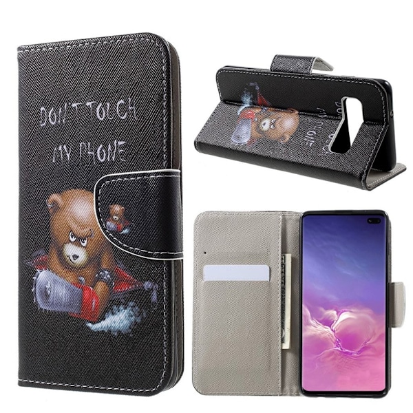 Samsung Galaxy S10 Plus nahkainen flip suojakotelo - Ruskea Nalle ja Varoitukset Multicolor