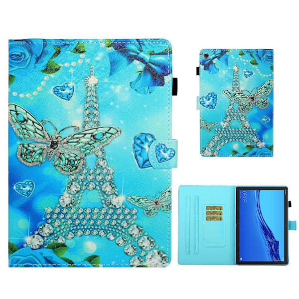 Huawei MediaPad M5 Lite 10 kuvio nahkainen flip case - Timantti Perhonen Ja Eiffel-Torni Blue