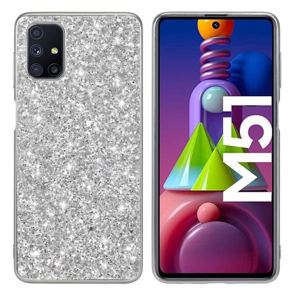 Glitter Samsung Galaxy M51 kotelot - Hopea Silver grey