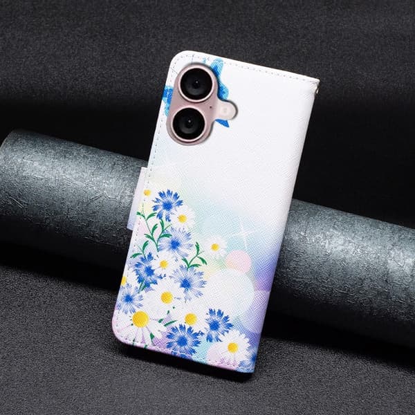 Wonderland iPhone 16 Plus flip-etui - Sommerfugl Og Blomster Pink