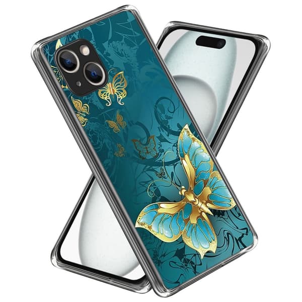 Deco iPhone 15 Plus cover - Gylden Sommerfugl Blue
